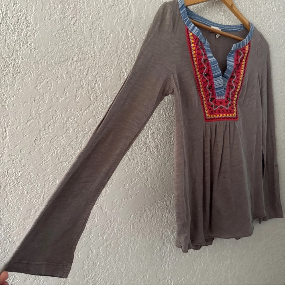 Anthropologie Meadow Rue Embroidered Boho Tunic Top Brown Red Blue Medium - Picture 6 of 13